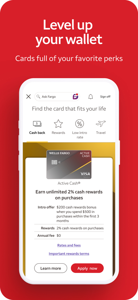 Wells Fargo Mobile app interface showing credit card options and rewards for the Active Cash card.