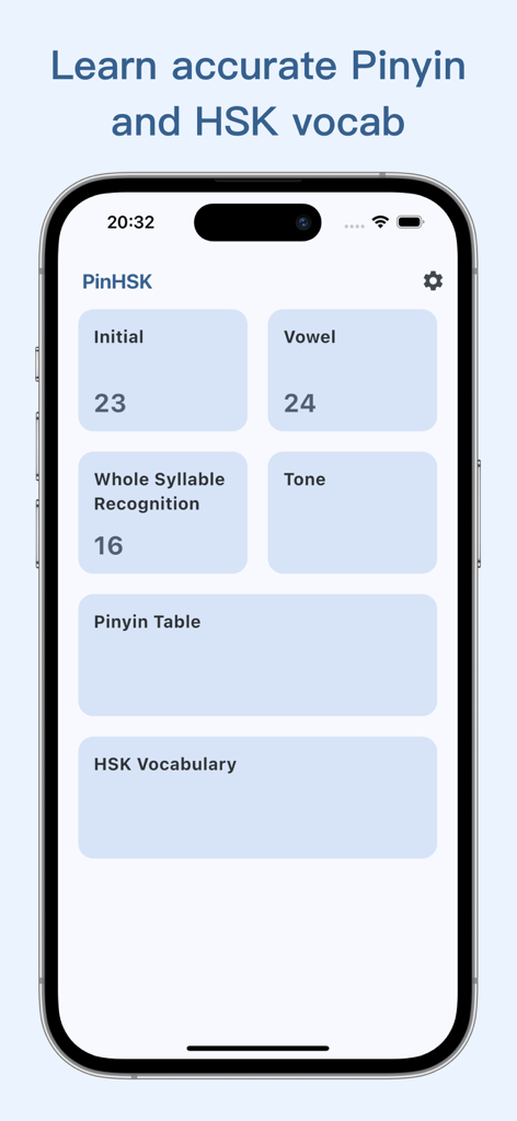 PinHSK - Pinyin & HSK Vocab - Das Haupt-Dashboard der PinHSK-App mit Optionen für Pinyin-Laute und HSK-Vokabeln.