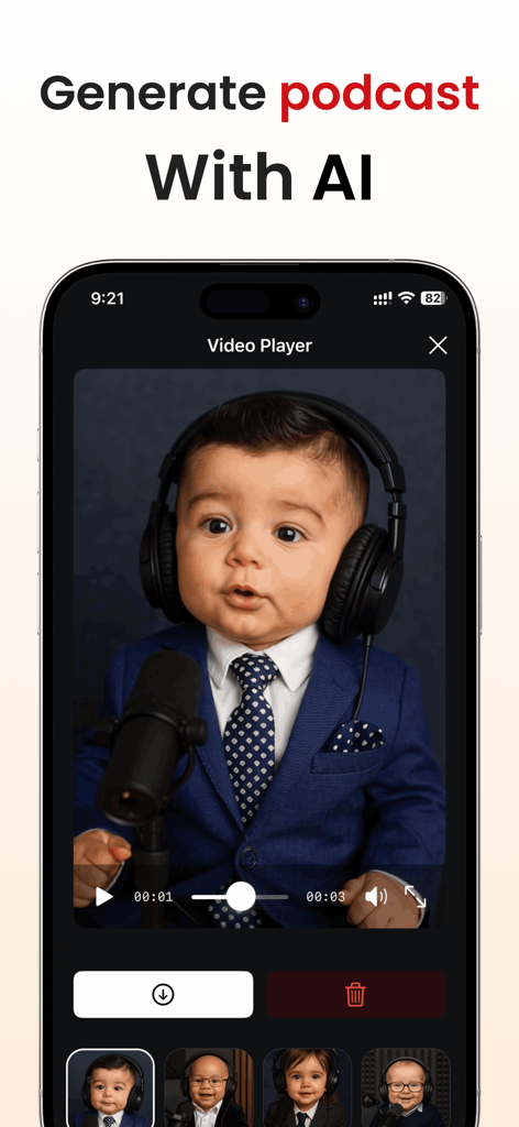 BabyCast AI - Video Generator - Una interfaz de aplicación móvil que muestra un video generado por IA de un bebé con traje, usando auriculares y hablando a un micrófono para un podcast.