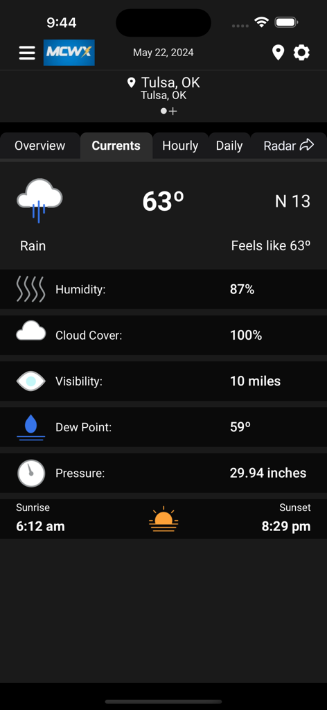 MCWX - MCWX app screen showing current weather conditions for Tulsa Oklahoma with a temperature of 63 degrees and rain