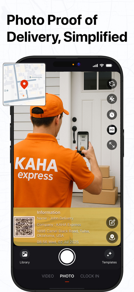 Timestamp: Time stamp Camera - A delivery driver using the Timestamp app to capture a photo of packages with time and location stamps for proof of delivery
