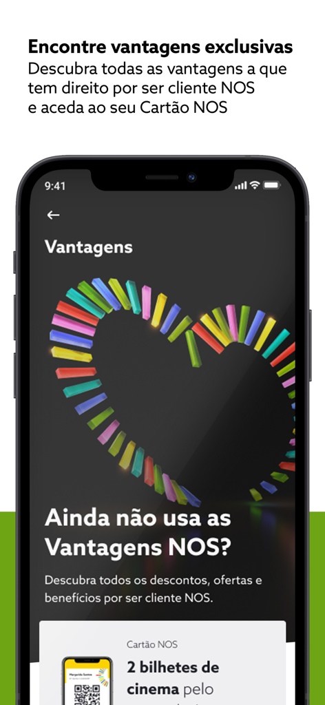 Interface of the my NOS app showing customer perks and cinema ticket benefits with a colorful heart graphic