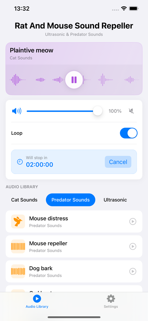 Rat And Mouse Sound Repeller - Interface of the Rat and Mouse Sound Repeller app showing audio controls and predator sound library