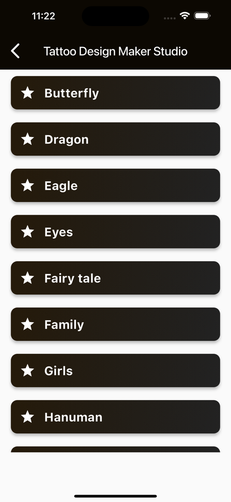 Tattoo Design Maker Studio - Una lista de categorías de diseño de tatuajes en la aplicación Tattoo Design Maker Studio, incluyendo Mariposa, Dragón y Águila