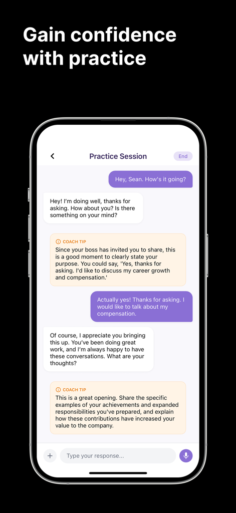 Persway: AI Negotiation Coach - Persway app practice session showing a chat interface with AI coaching tips for a salary discussion