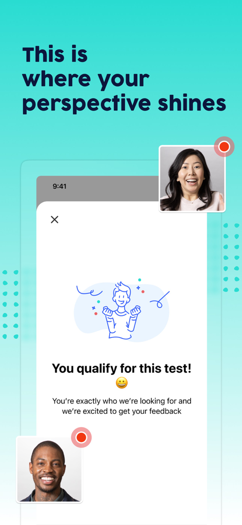 Écran de l'application mobile UserTesting affichant un message de succès indiquant que vous êtes qualifié pour un nouveau test.