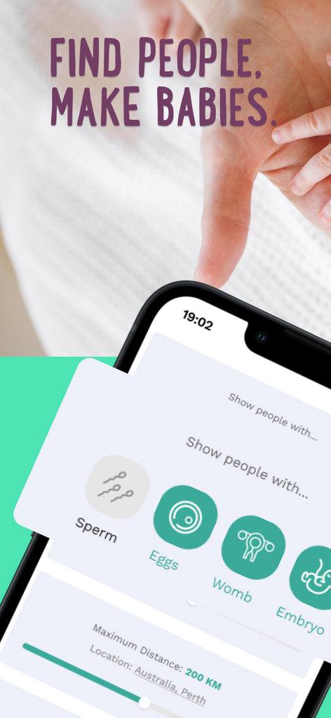 Just a Baby: Become a parent - Just a Baby app interface showing filters for sperm, eggs, womb, and embryo donors.