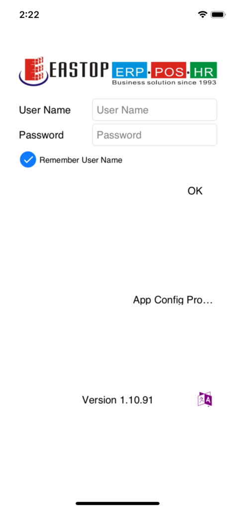 Eastop Mobile ERP System - Login screen of the Eastop Mobile ERP System showing fields for user name and password with a remember user name checkbox