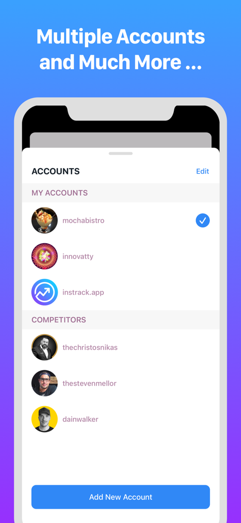 InsTrack interface displaying multiple Instagram accounts and competitor tracking lists.
