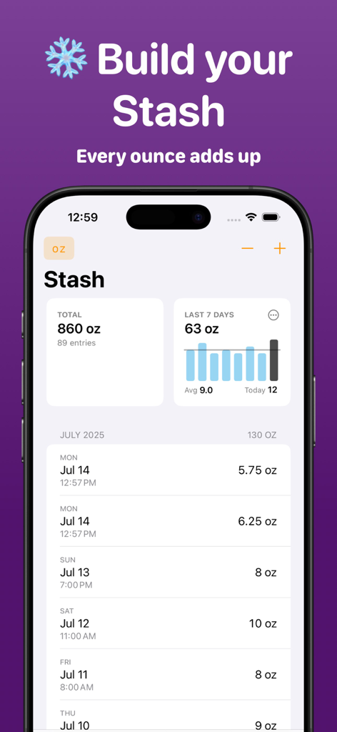 Pump Log® - Track Breast Milk - A mobile screen from the Pump Log app showing the breast milk stash tracking interface with total ounces and a log of daily pumping sessions.