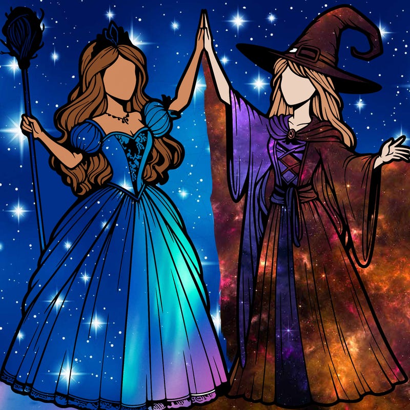 detailed realistic split of a princess and a witch