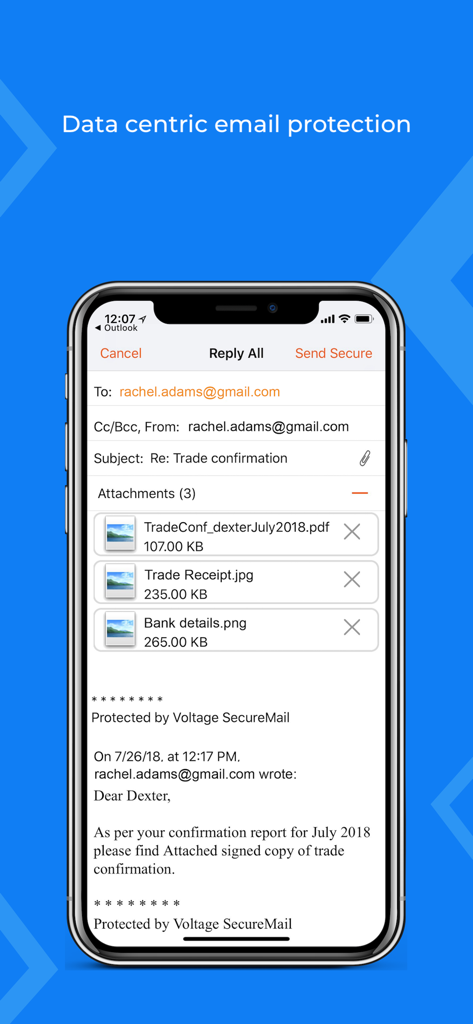 Voltage Mail app interface showing a secure email reply with encrypted attachments on an iPhone