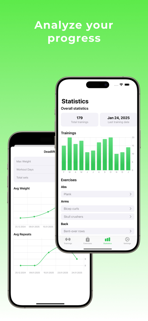 GymTrack: Workout Tracker - Écran des statistiques de l'application GymTrack montrant des graphiques de progression d'entraînement et une analyse des données d'exercice sur un iPhone.