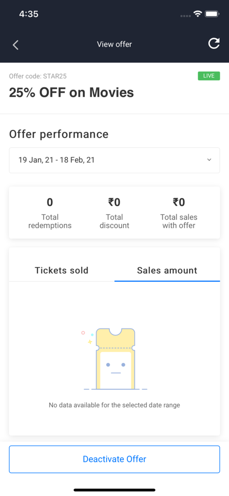 BookMyShow Partner app interface displaying performance metrics for a movie discount offer including redemptions and sales totals
