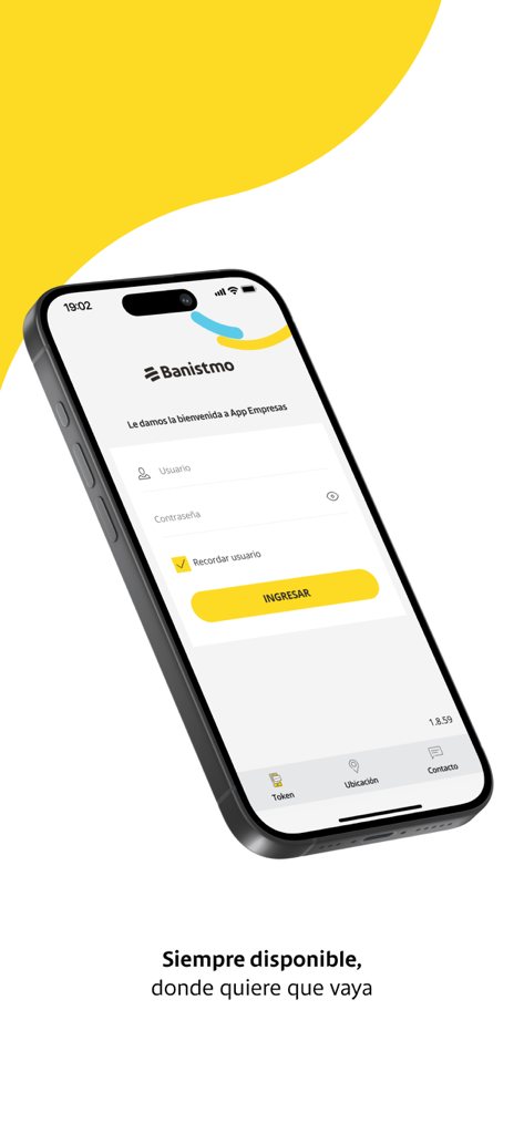 Banistmo APP Empresas - Página de inicio de sesión de Banistmo APP Empresas en un smartphone que muestra campos para nombre de usuario y contraseña con un botón de entrada amarillo.