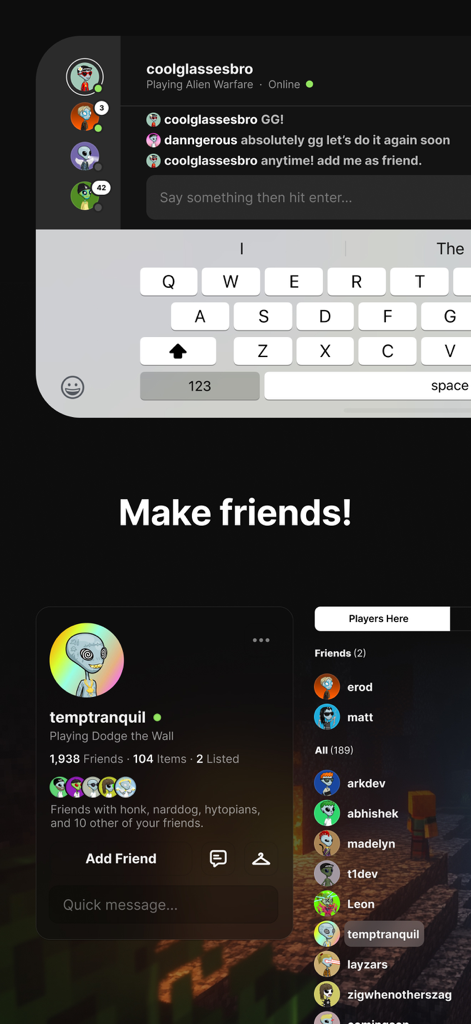 HYTOPIA: Friends & Family Fun - The social interface of HYTOPIA app featuring a chat window user profile and friend list.