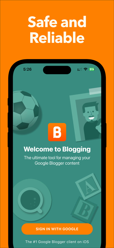 Blogging for Blogspot Blog - Willkommensbildschirm der Blogging for Blogspot-App mit einer Schaltfläche „Mit Google anmelden“ und dem Text „Sicher und zuverlässig“