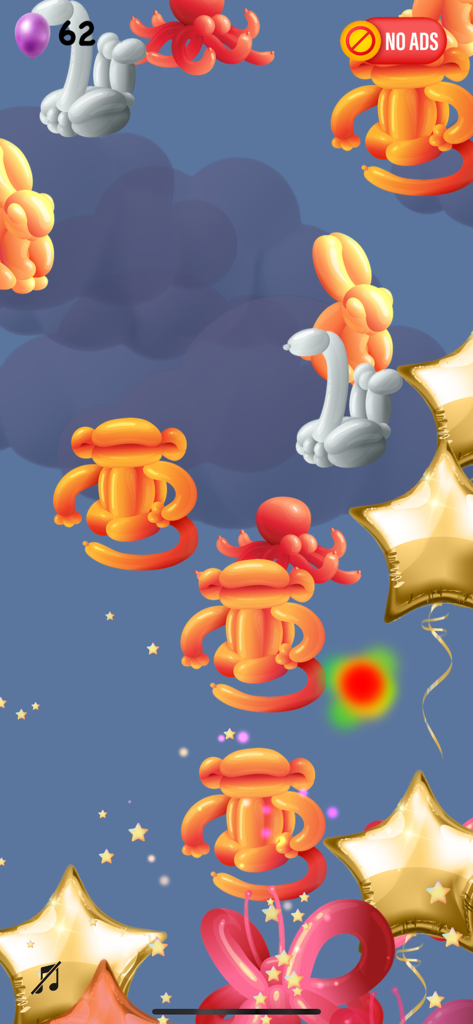 Balloon Pop · Baby Game - Gameplay screen of Balloon Pop Baby Game featuring colorful balloon animals and stars on a blue background
