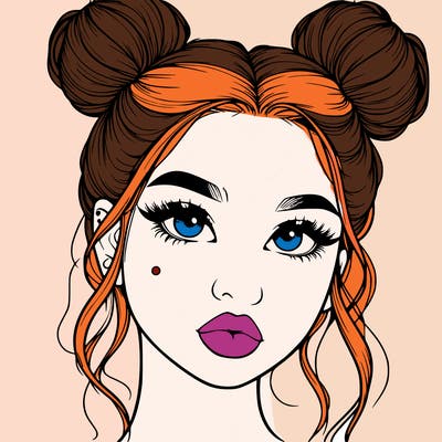 realistic girl with two buns on her hair and lips