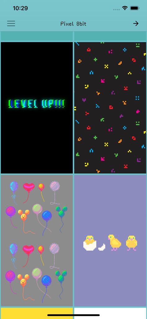 Uma coleção de wallpapers de pixel art 8-bit com texto de 'level up', padrões geométricos, balões e frangas fofas.