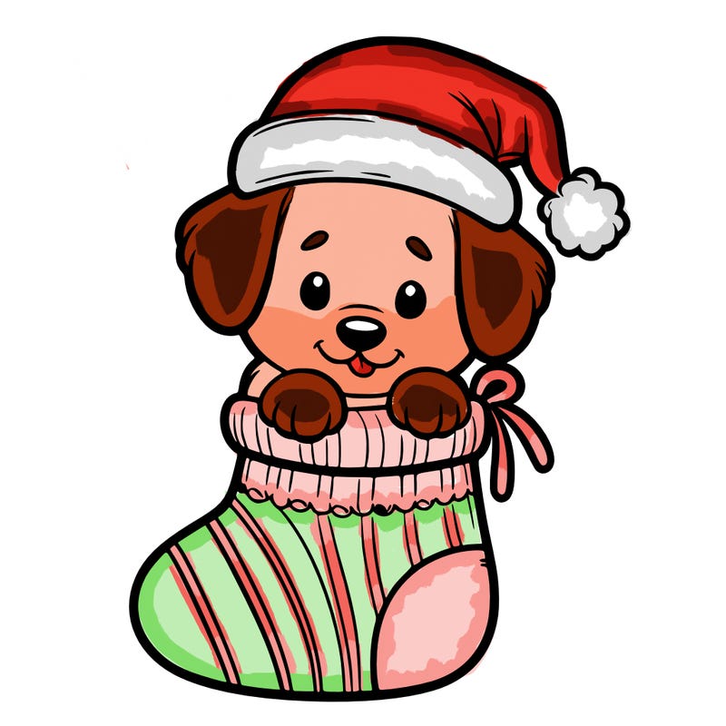 cute puppy wearing santa hat in socking