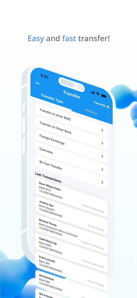 BWS Mobile - BWS Mobile app transfer screen showing various money transfer options and recent transaction history.