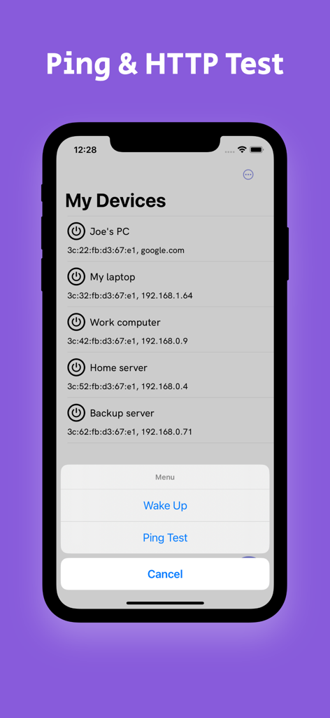 iPhone上のWOLアプリのインターフェースに、ネットワークデバイスのリストと、起動とPingテストのオプションメニューが表示されています。