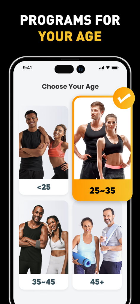 Schermata dell'app Muscle Builder per scegliere un programma di allenamento in base alla fascia d'età