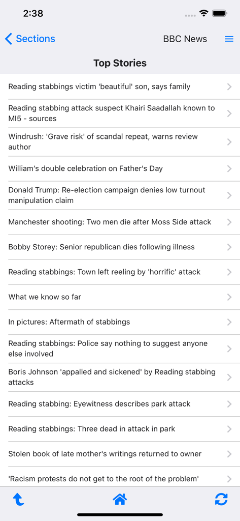 A minimalist text only list of top news headlines from BBC News in the Online News app