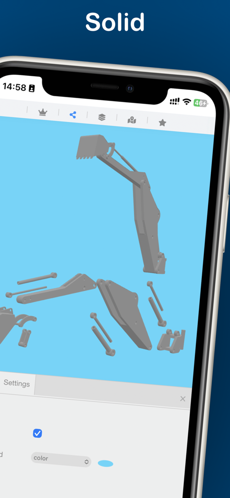 STEPファイルビューアアプリでソリッドモードで表示された3D機械部品アセンブリ。