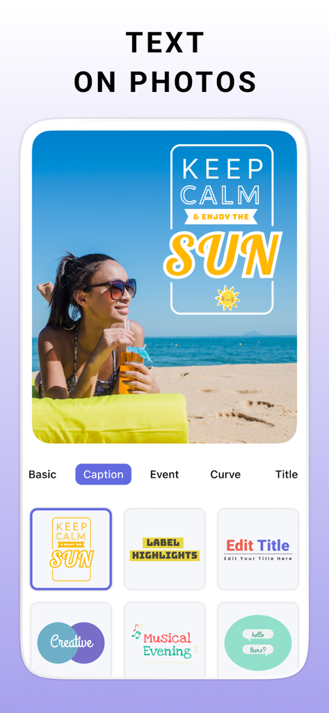 Interface de l'application LightX montrant la fonction texte sur photos avec des modèles créatifs