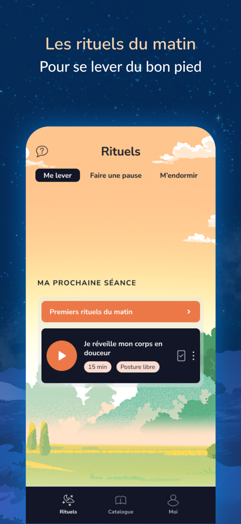 Sommeil avec Petit BamBou - Interfaz de la aplicación Dormir con Petit BamBou mostrando rituales matutinos y una sesión guiada para despertar el cuerpo.