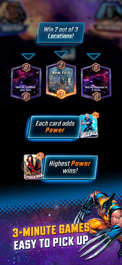 Marvel Snap gameplay screenshot explaining mechanics with Spider-Man and Wolverine