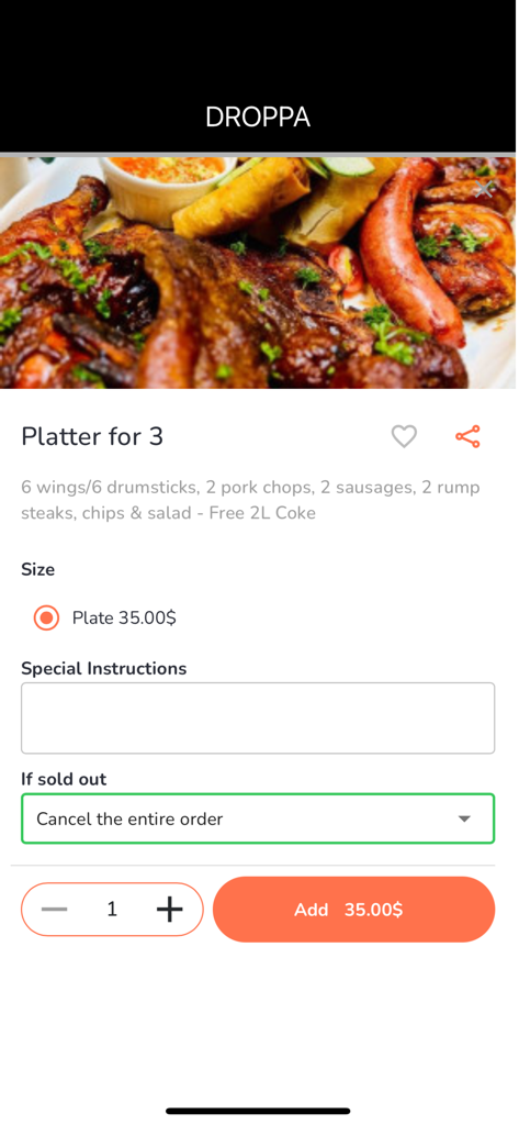 DROPPA - Delivery & TakeAway - Mobile app interface of DROPPA showing a food order page for a meat platter with price and special instructions