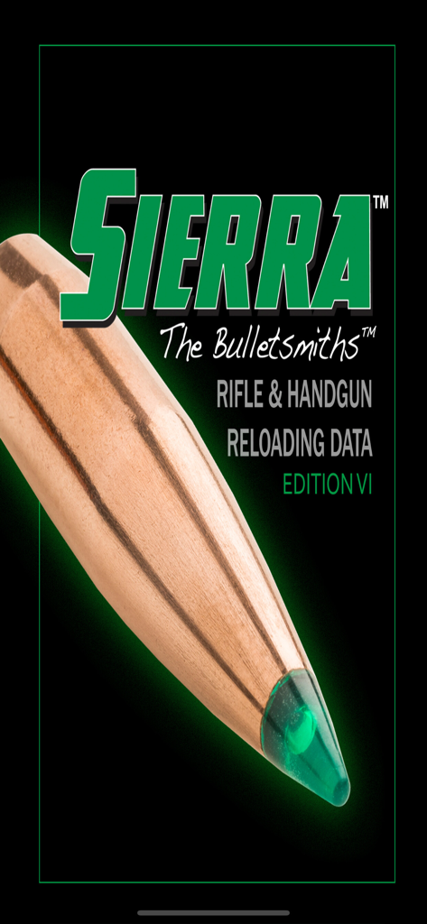 Sierra Reloading Manual v6 splash screen with a green tipped bullet and rifle and handgun reloading data text