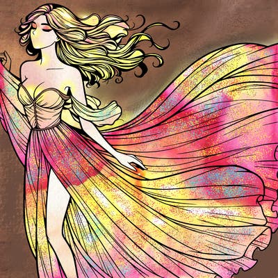 realistic woman in dress flowing the the wind