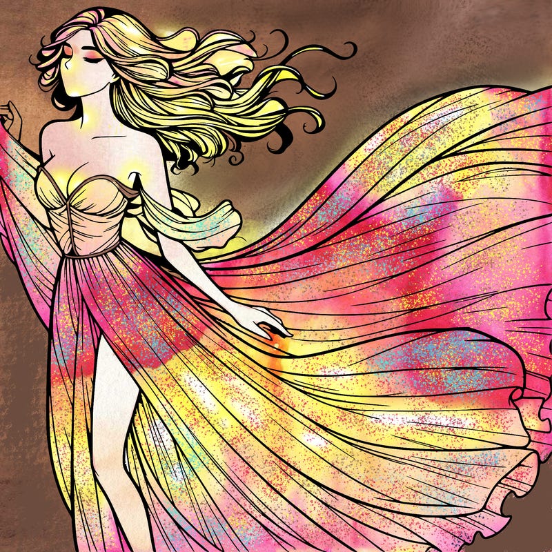 realistic woman in dress flowing the the wind