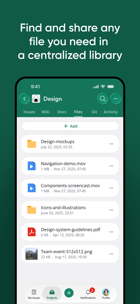 Captura de pantalla de la aplicación de gestión de proyectos Backlog que muestra una biblioteca de archivos centralizada con carpetas y documentos.