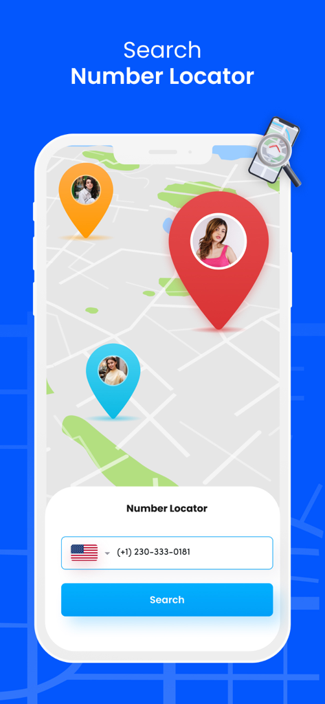 Mobile app interface showing a reverse phone number search and caller locations on a map