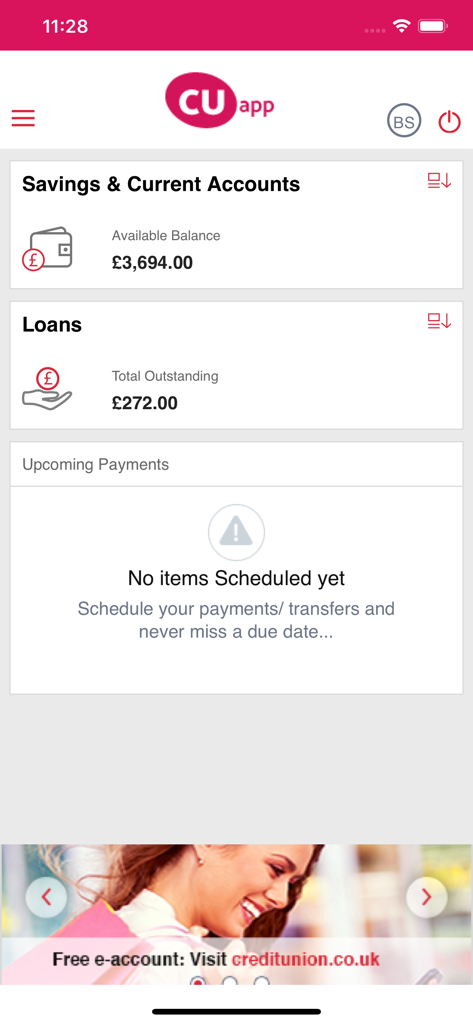 Credit Union App - Credit Union App dashboard showing savings account balance and loan summary