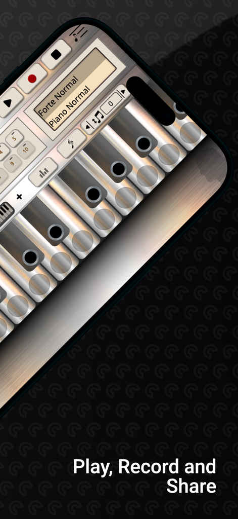 Flute Sim - Interfaz de la aplicación Flute Sim mostrando teclas de flauta metálicas y controles de grabación