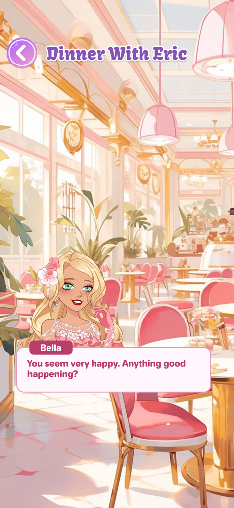 Doll Avatar Maker: Design - A blonde female avatar named Bella in a pink restaurant setting with a dialogue box