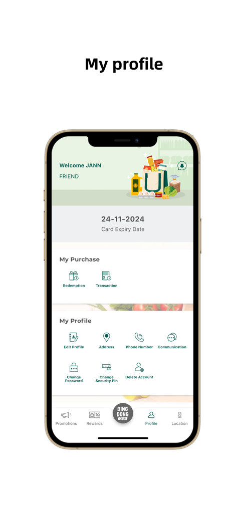 Ding Dong Fresh Club - Ding Dong Fresh Club モバイルアプリのプロフィール画面、ユーザーの会員ステータスとアカウント設定を表示