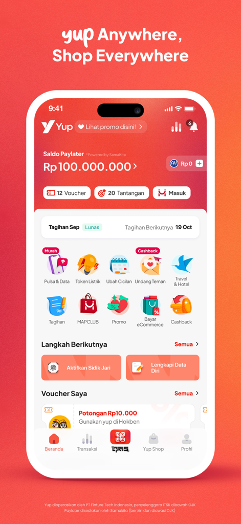YUP - Kredit Belanja Bunga 0%* - Dashboard of the YUP mobile app displaying a credit limit of 100 million Rupiah and various financial service icons