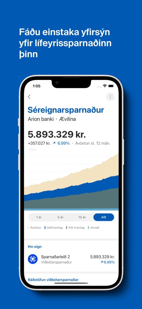 Arion banki - Arion banki app screen showing private pension savings and a growth chart.