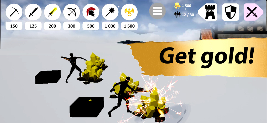 stick.war Dragon Legacy 3D - Mineros stickman recolectando cristales de oro en una captura de pantalla del juego de Stick War Dragon Legacy 3D.