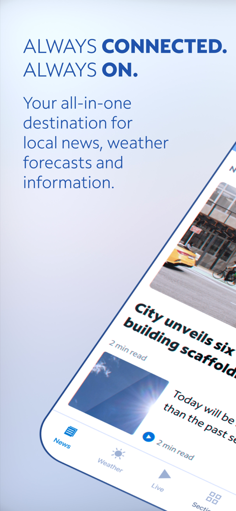 Spectrum News: Local Stories - Smartphone display of Spectrum News app with local headlines and navigation menu