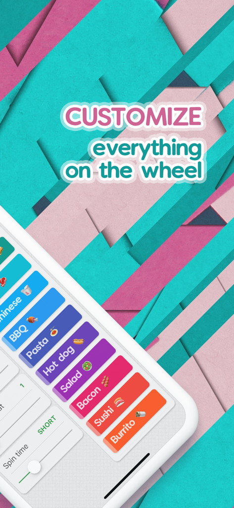 Spin The Wheel - Random Picker - Interface mostrando opções de personalização para uma roda de decisão com rótulos coloridos de comida como Sushi, Salada e Churrasco