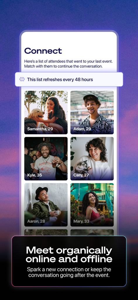 Una lista de asistentes de un reciente evento de solteros disponible para conectarse en la aplicación Jigsaw Dating.