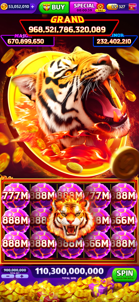 Una captura de pantalla de Cash Frenzy Slots con una victoria de jackpot temática de tigre con imágenes ardientes